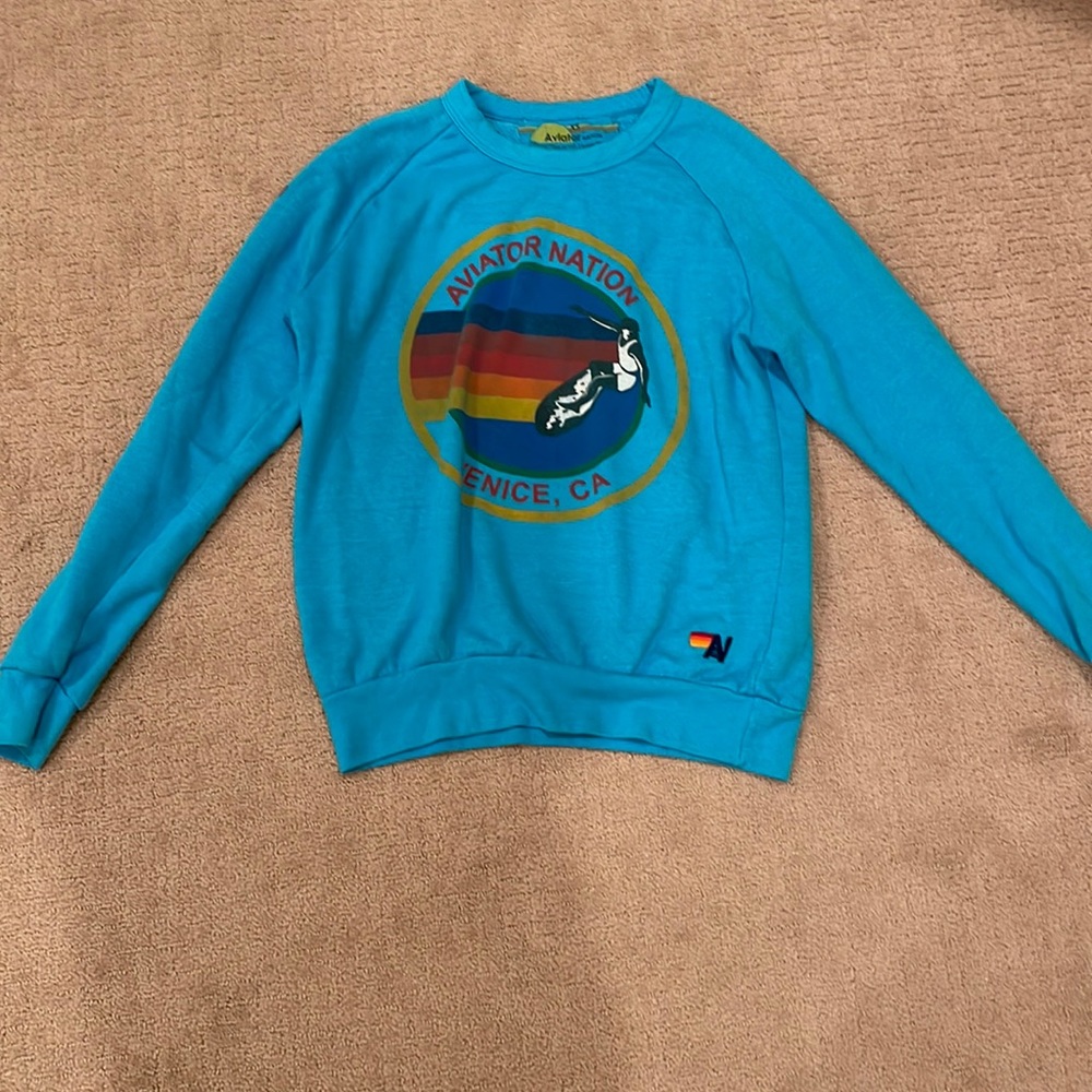 neon blue aviator nation sweatshirt with cozy